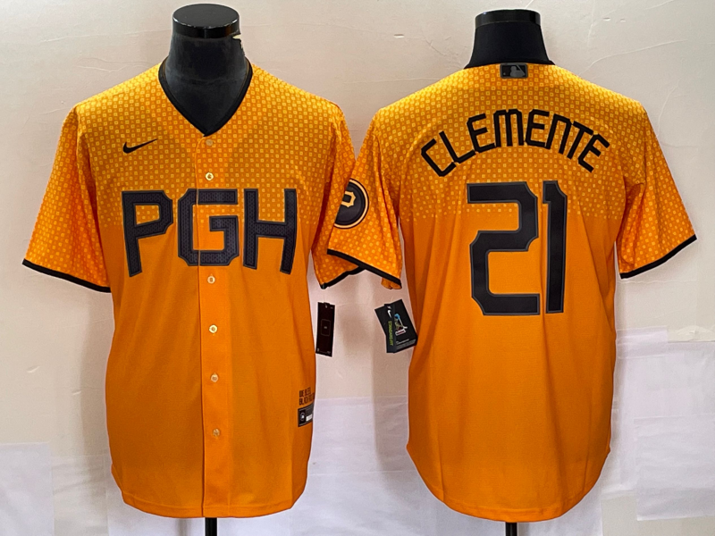 Men's Pittsburgh Pirates Roberto Clemente #21 Gold 2023 City Connect Replica Player jersey