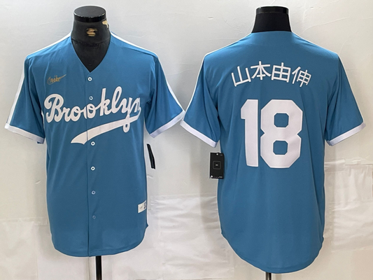 Men's Los Angeles Dodgers Yoshinobu Yamamoto #18 Light Blue Cooperstown Collection Player jersey