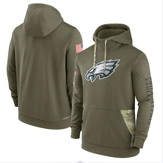 Men's Philadelphia Eagles Olive 2022 Salute to Service Therma Performance Pullover Hoodie1