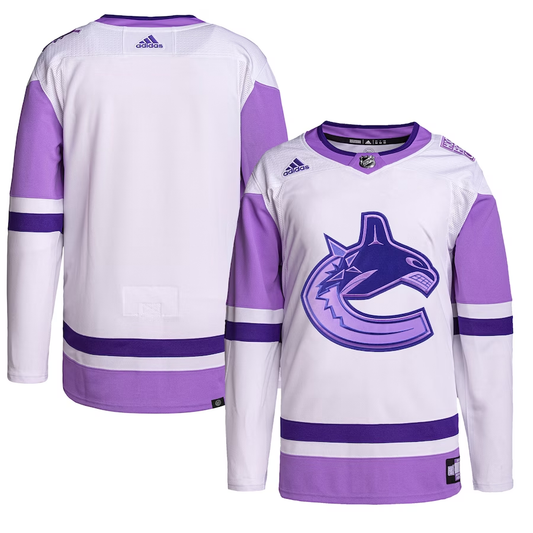 Men's Vancouver Canucks White/Purple Hockey Fights Cancer Primegreen Authentic Blank Practice jersey