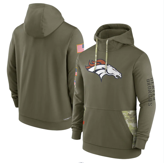 Men's Denver Broncos Olive 2022 Salute to Service Therma Performance Pullover Hoodie1