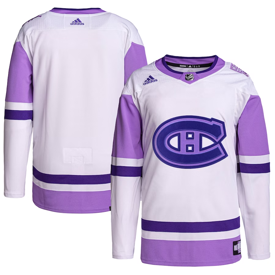 Men's Montreal Canadiens White/Purple Hockey Fights Cancer Primegreen Authentic Blank Practice jersey