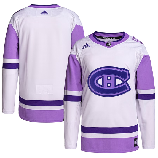 Men's Montreal Canadiens White/Purple Hockey Fights Cancer Primegreen Authentic Blank Practice jersey