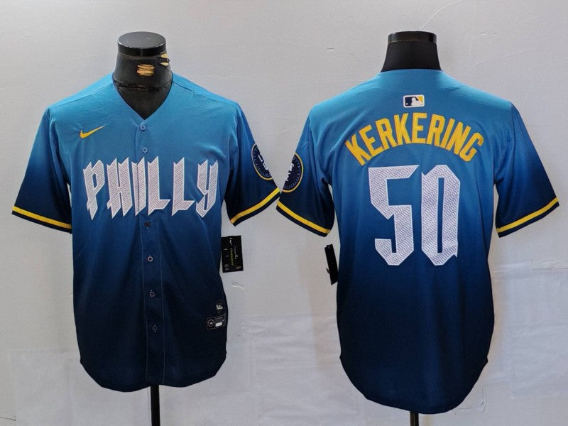 Men's Philadelphia Phillies Orion Kerkering #50 Blue 2024 City Connect Limited Player jersey