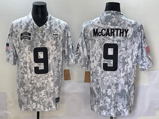 Men's Minnesota Vikings J.J. McCarthy #9 Arctic Camo 2024 Salute to Service Retired Player Limited Jersey