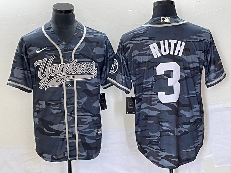 Men's New York Yankees Babe Ruth #3 Grey Camouflage Player jersey Joint Edition