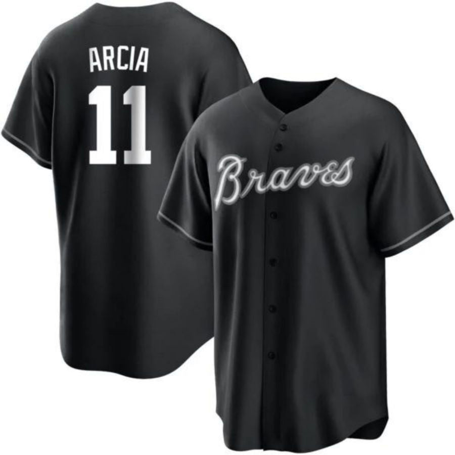 A.Braves #11 Orlando Arcia Player Black Replica Stitches Baseball Jerseys