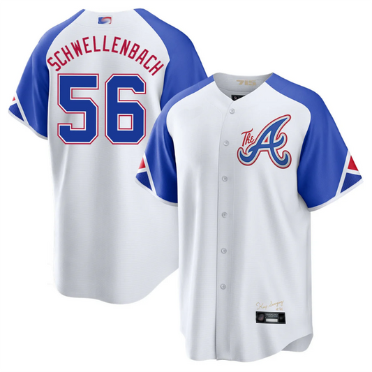 A.Braves #56 Spencer Schwellenbach Player White-Blue City Connect Home Limited Baseball Jerseys