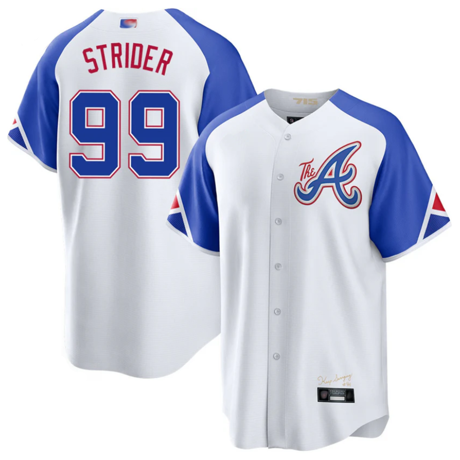 A.Braves #99 Spencer Strider Player White-Blue City Connect Replica Stitched Baseball Jerseys