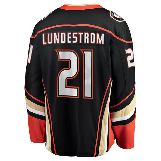 A.Ducks #21 Isac Lundestrom Player Fanatics Home Breakaway Black Hockey Jerseys