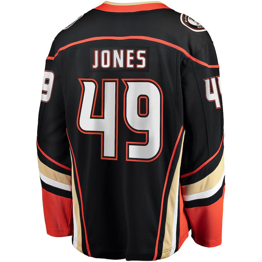 A.Ducks #49 Max Jones Player Fanatics Home Breakaway Black Hockey Jerseys