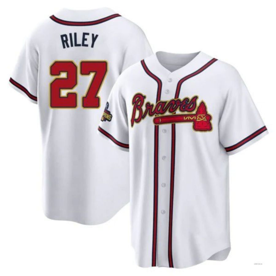 A.Braves #27 Austin Riley Player Gold White Game Jersey Stitches Baseball Jerseys