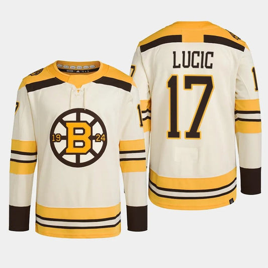 B.Bruins #17 Milan Lucic Player Fanatics Cream Authenti Breakaway Hockey Jerseys
