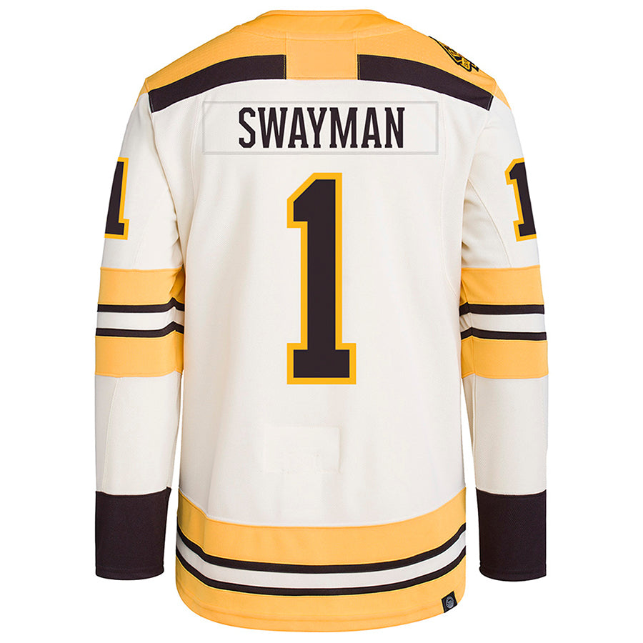 B.Bruins #1 Jeremy Swayman Player Fanatics Beige Alternate Hockey Jerseys