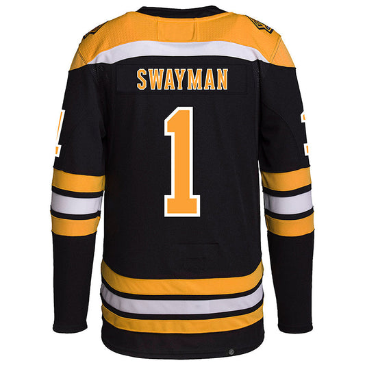 B.Bruins #1 Jeremy Swayman Player Fanatics Black Premier Breakaway Home Hockey Jerseys