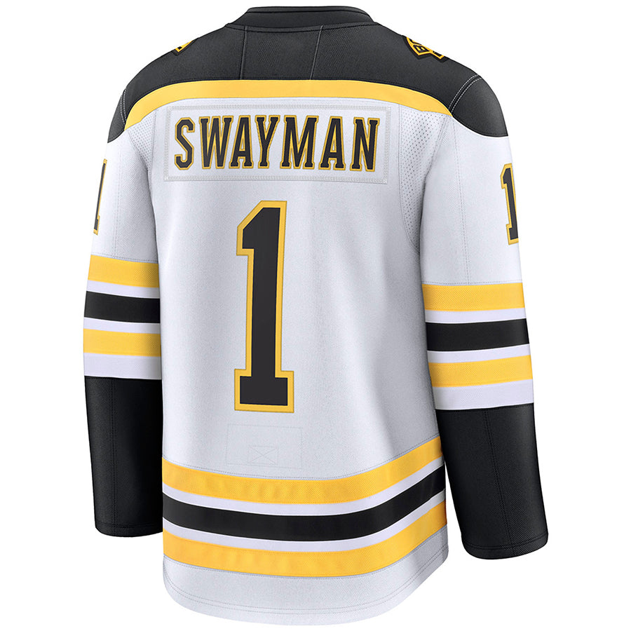 B.Bruins #1 Jeremy Swayman Player Fanatics Breakaway Premium White Hockey Jerseys