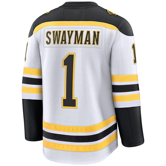 B.Bruins #1 Jeremy Swayman Player Fanatics Breakaway Premium White Hockey Jerseys