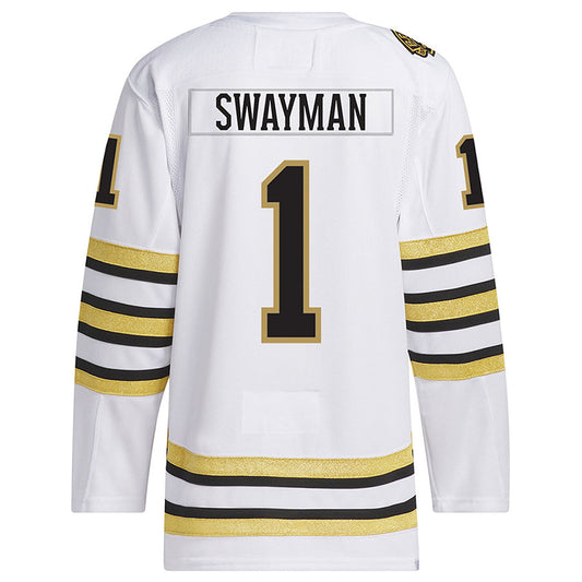 B.Bruins #1 Jeremy Swayman Player Fanatics White Hockey Jerseys