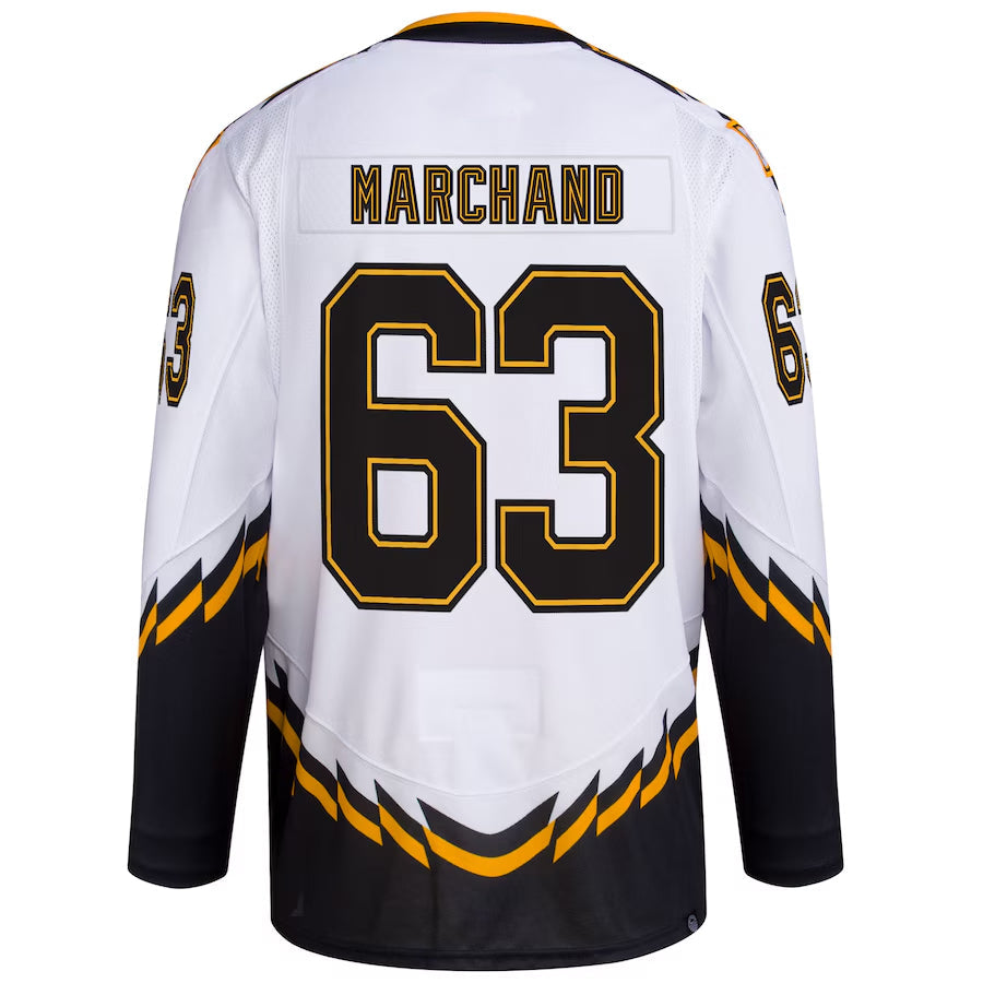 B.Bruins #63 Brad Marchand Player White Reverse Retro Hockey Jerseys