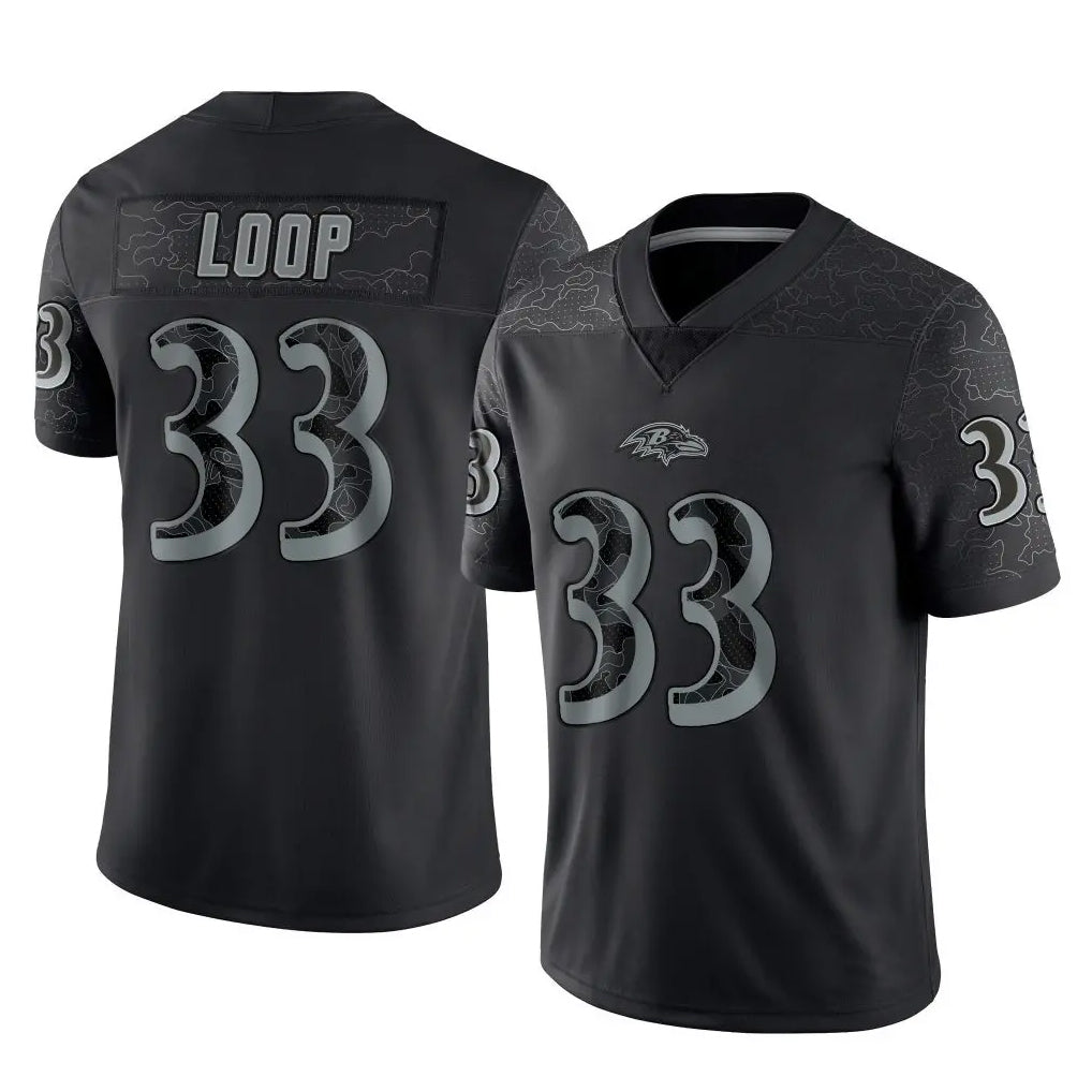B.Ravens #33 Tyler Loop Player Black REFLECTIVE Limited Football Jerseys