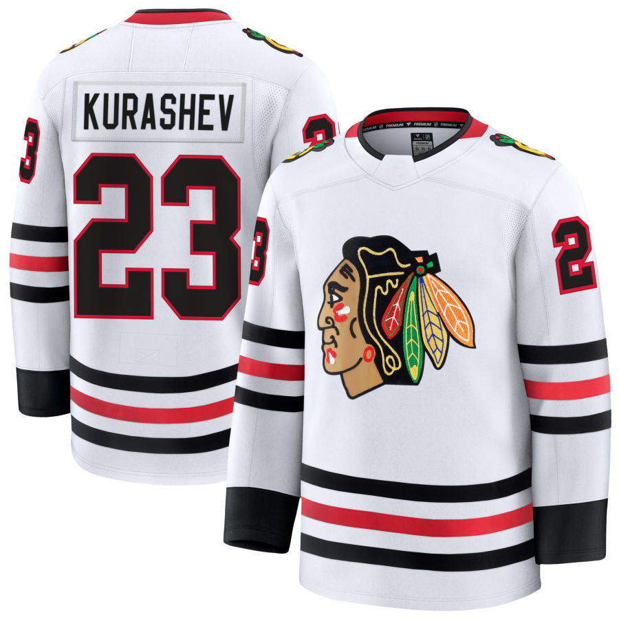 C.Blackhawks #23 Philipp Kurashev Player Fanatics Premium White Home Hockey Jerseys