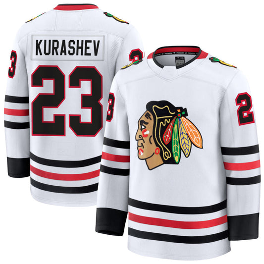 C.Blackhawks #23 Philipp Kurashev Player Fanatics Premium White Home Hockey Jerseys