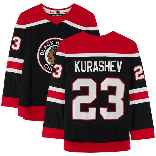 C.Blackhawks #23 Philipp Kurashev Player Fanatics Reverse Retro Black Hockey Jerseys