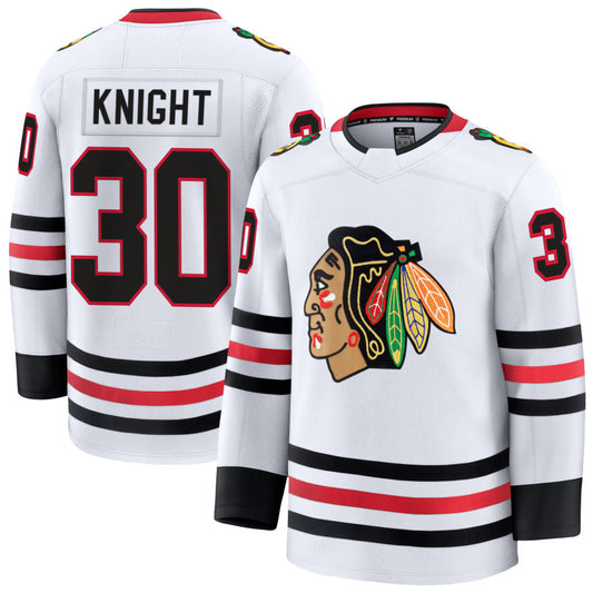 C.Blackhawks #30 Spencer Knight Player Fanatics Away Premium White Hockey Jerseys