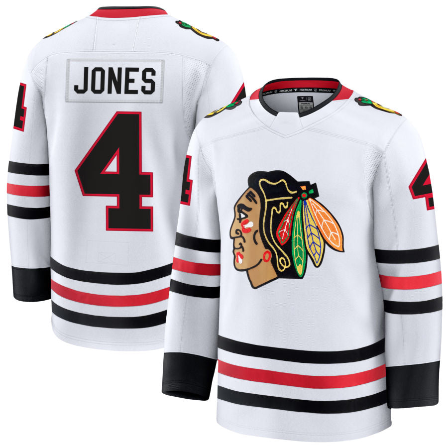 C.Blackhawks #4 Seth Jones Player Fanatics Away Premium White Hockey Jerseys