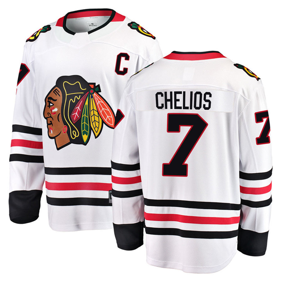 C.Blackhawks #7 Chris Chelios Player Fanatics Away Premium White Hockey Jerseys
