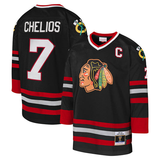 C.Blackhawks #7 Chris Chelios Player Mitchell & Ness 1997-98 Blue Line Black Hockey Jerseys
