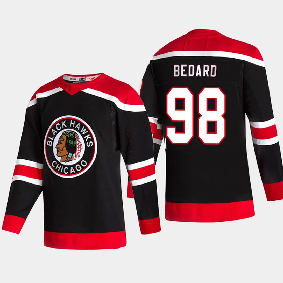 C.Blackhawks #98 Connor Bedard Player Fanatics Reverse Retro Black Hockey Jerseys