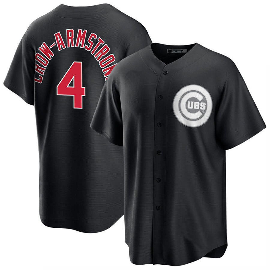 C.Cubs #4 Pete Crow-Armstrong Player Black Lights Out 2.0 Baseball Jerseys
