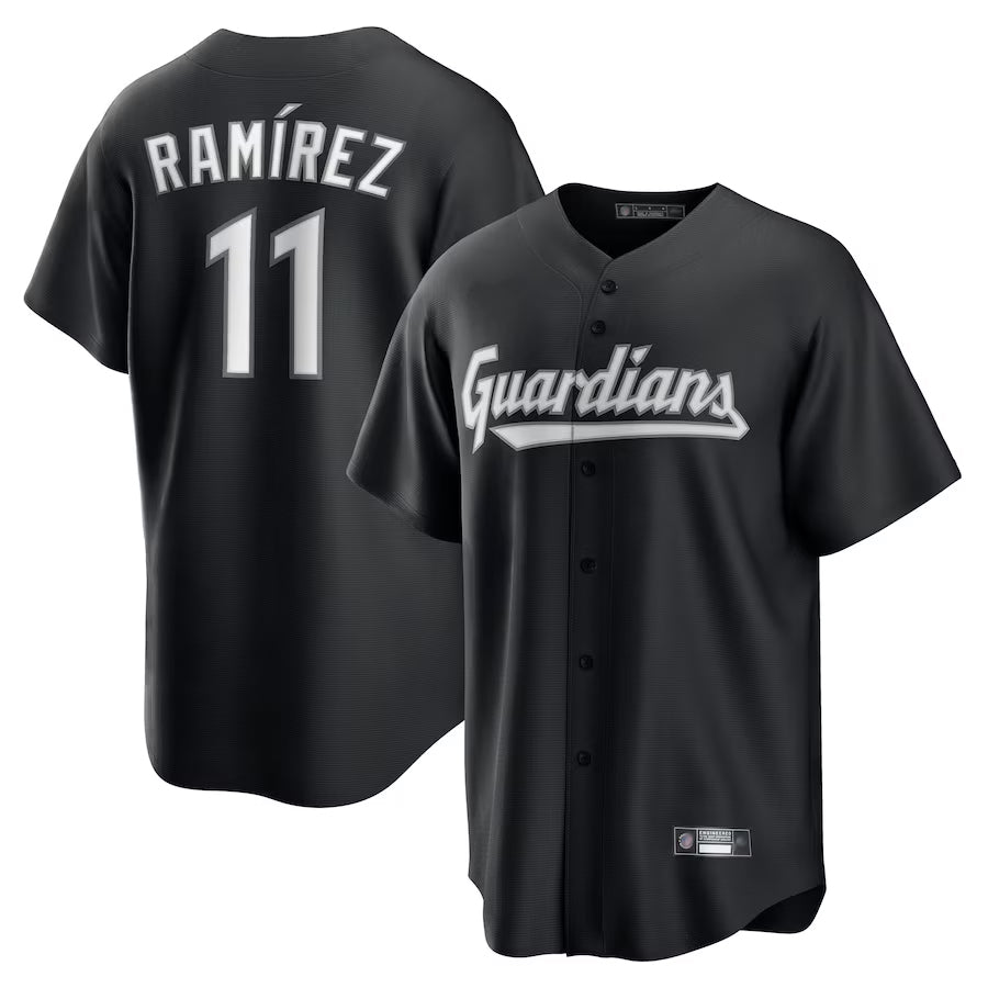 C.Guardians #11 Jose Ram：arez Player Black Lights Out Replica Baseball Jerseys