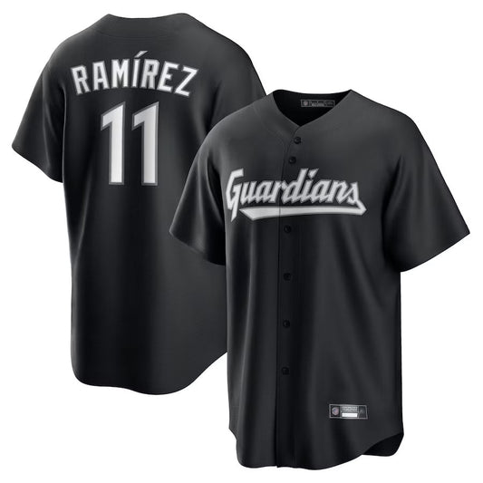 C.Guardians #11 Jose Ram：arez Player Black Lights Out Replica Baseball Jerseys