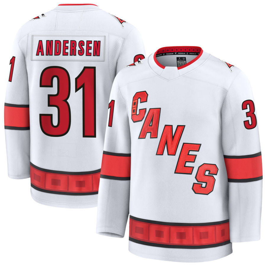C.Hurricanes #31 Frederik Andersen Player Fanatics Away Premium White Hockey Jerseys