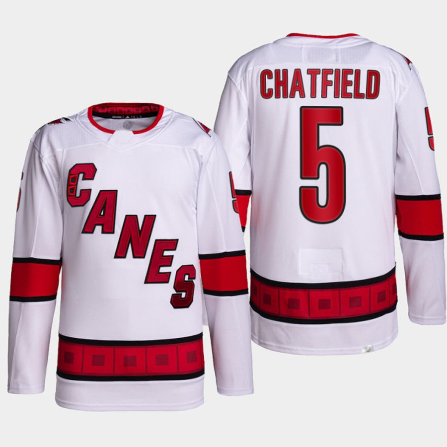 C.Hurricanes #5 Jalen Chatfield Player Fanatics White Away Authentic Hockey Jerseys