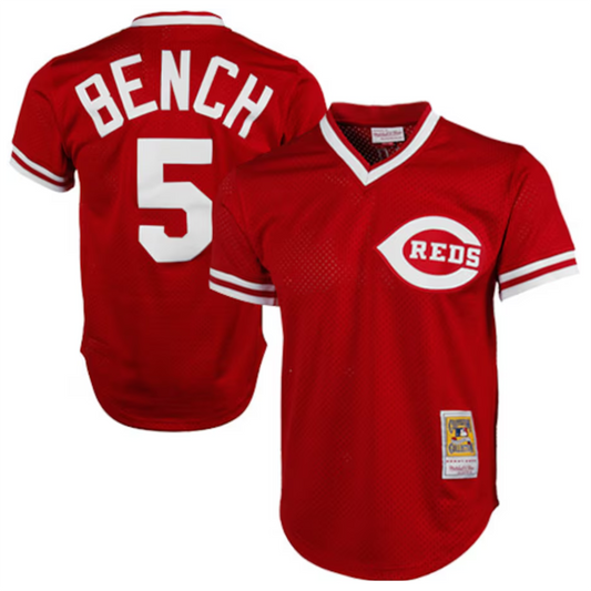 C.Reds #5 Johnny Bench Player Mitchell & Ness Red 1983  Cooperstown Collection Mesh Batting Practice Baseball Jerseys