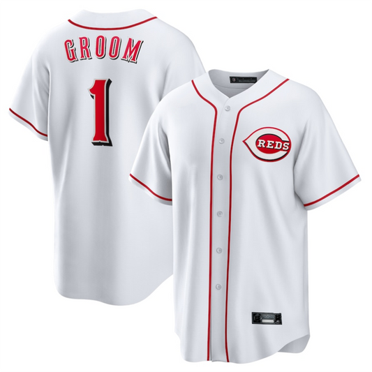 C.Reds White Player #1 Groom Home Replica Baseball Jerseys