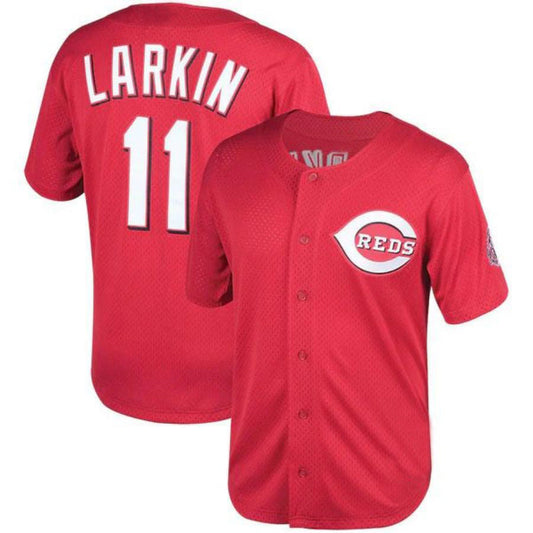 C.Reds #11 Barry Larkin Player Mitchell & Ness Red Throwback Cooperstown Mesh Batting Practice Baseball Jerseys