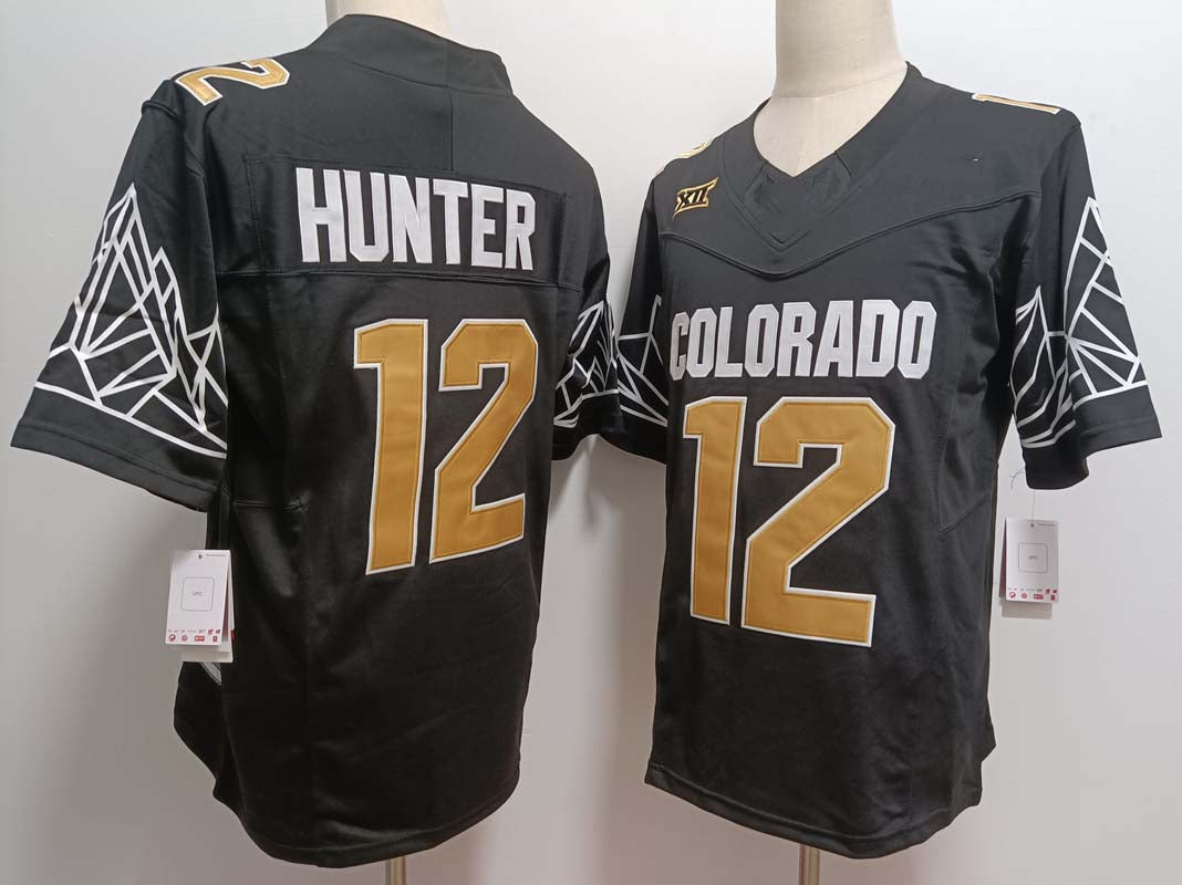 C.Buffaloes #12 Travis Hunter Player Black Gold With XII Patch FUSE Vapor Stitched American College Jerseys