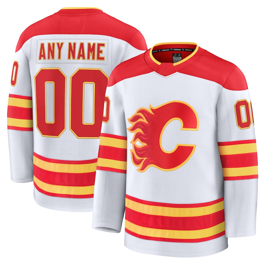 Custom C.Flames Fanatics Away Premium White Hockey Jerseys