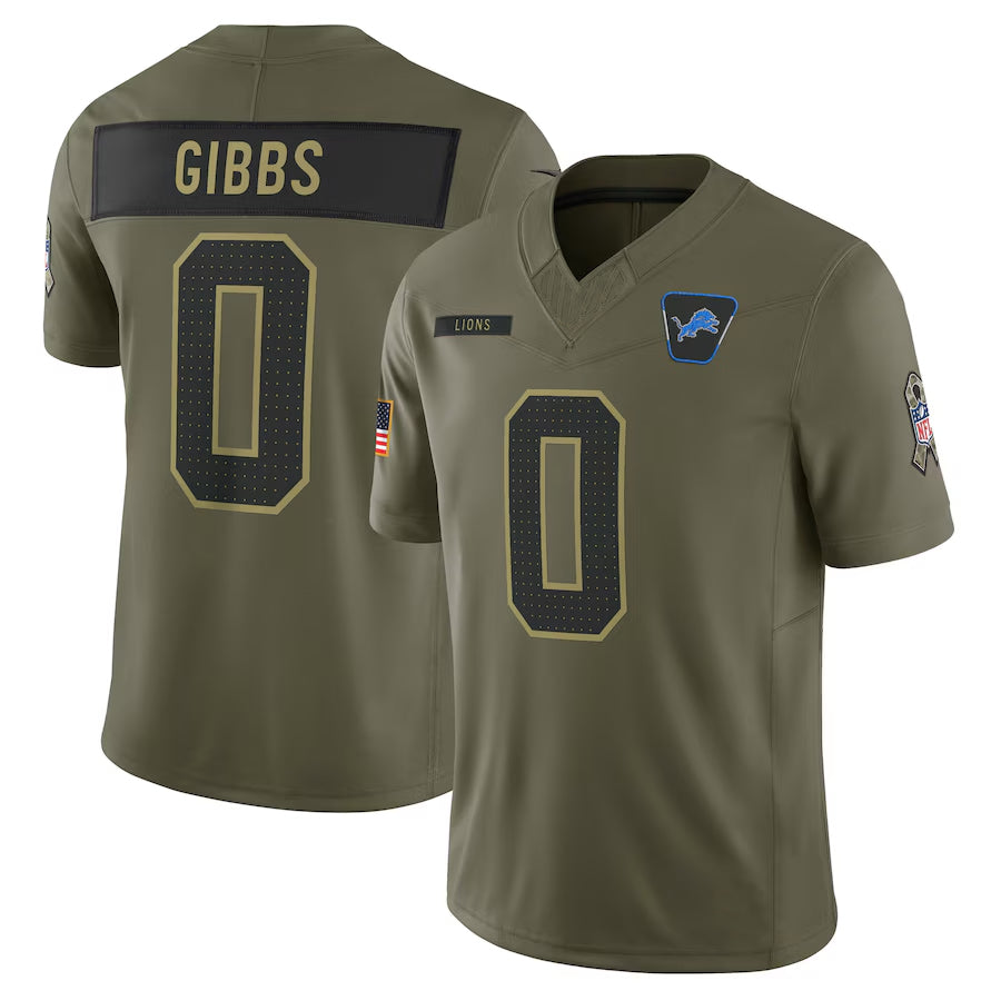D.Lions #0 Jahmyr Gibbs Player Olive Salute to Service Limited Football Jerseys
