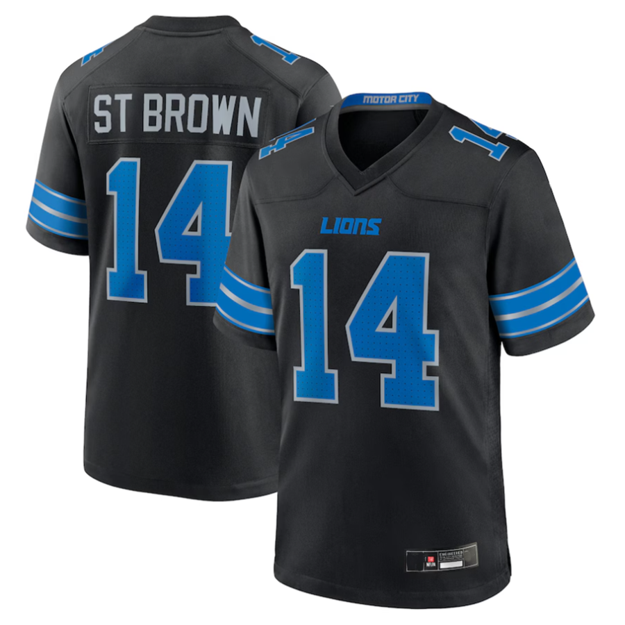 D.Lions #14 Amon-Ra St. Brown Player Black Game Football Jerseys