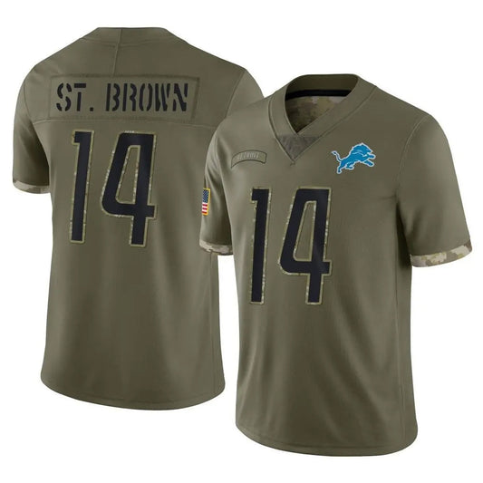 D.Lions #14 Amon-Ra St. Brown Player Salute To Service Limited Olive Football Jerseys