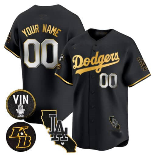 Custom LA.Dodgers Vin Patch & Kobe Bryant Gold Trim Vapor Premier Limited V2 Stitched Baseball Jerseys