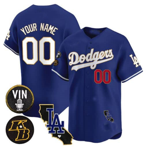 Custom LA.Dodgers Vin Patch & Kobe Bryant Gold Trim Vapor Premier Limited V2 Stitched Baseball Jerseys