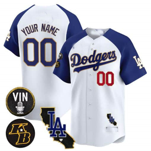 Custom LA.Dodgers Vin Patch & Kobe Bryant Gold Trim Vapor Premier Limited V2 Stitched Baseball Jerseys