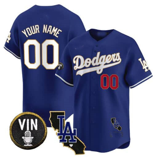 Custom LA.Dodgers Vin & California Patch Gold Trim Vapor Premier Limited Stitched Baseball Jerseys