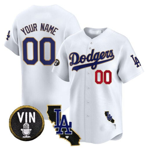 Custom LA.Dodgers Vin & California Patch Gold Trim Vapor Premier Limited Stitched Baseball Jerseys